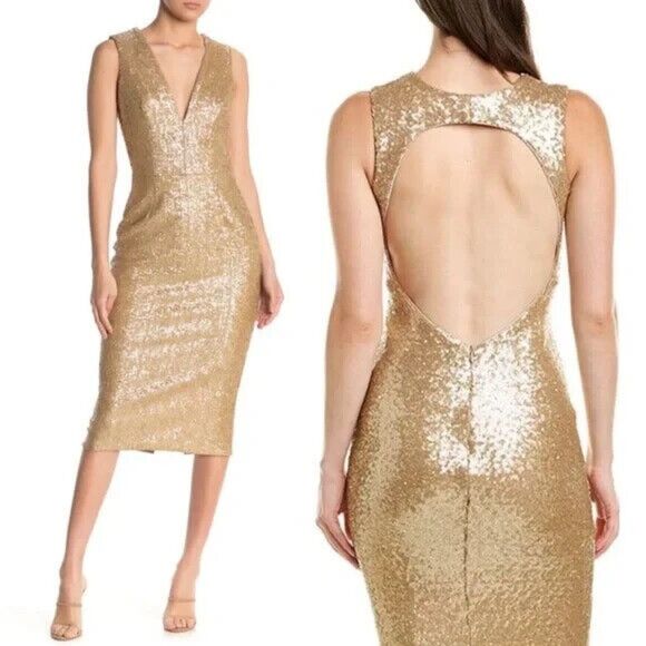 Dress the Population Dresses & Skirts - Gold Sequin Dress The Population Deep V-Neckline Cutout Back Midi Dress (NWT)